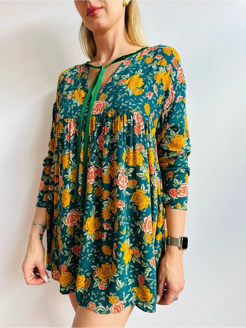 Zara Trafaluc Collection Floral Babydoll Tie Neck Boho Long Sleeve Romper Dress